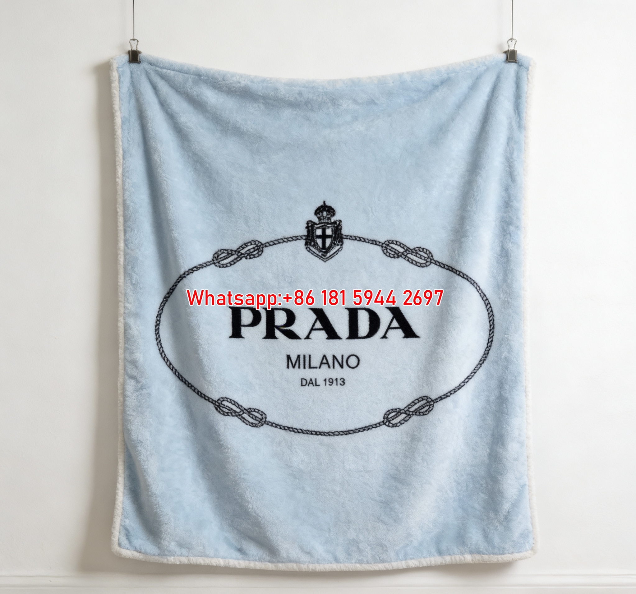Prada Light Blue Background Prada Milano Logo Printed Flannel Throw Blanket IMG_2757